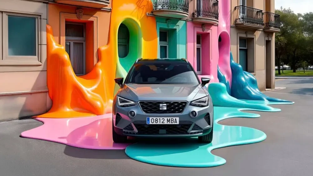 Grijze SEAT Arona op een regenboog verf klodder