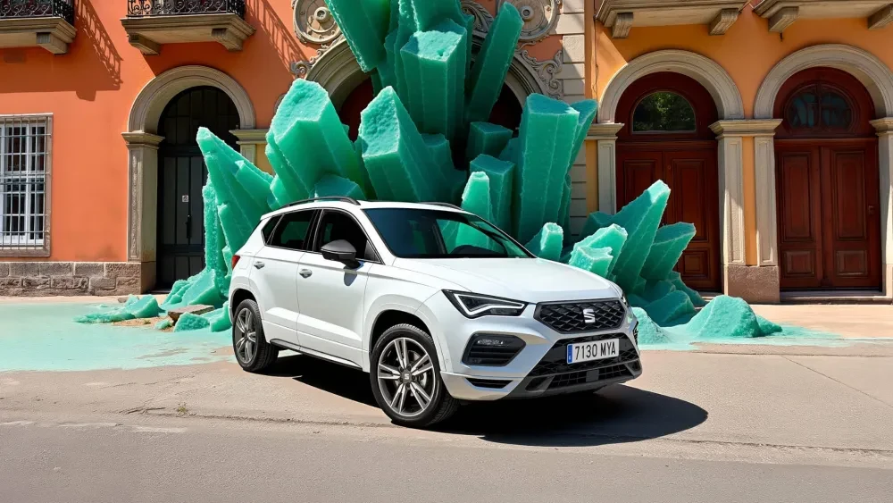 Witte SEAT Ateca voor een gebouw met kristallen