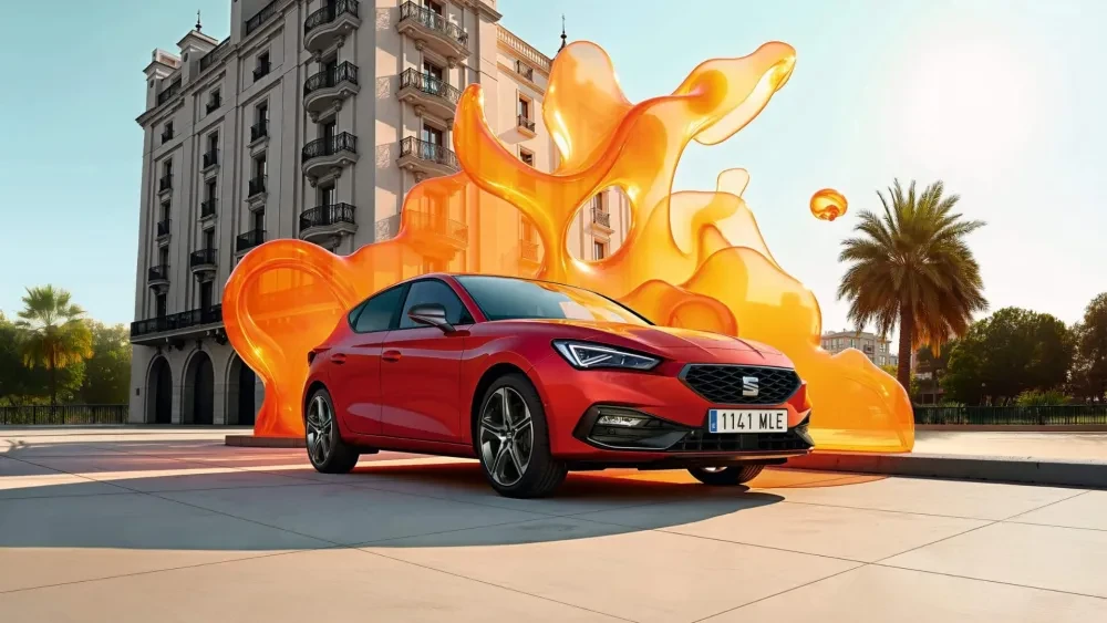 Rode SEAT Leon voor een appartementencomplex