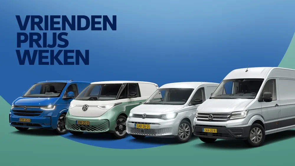 Volkswagen bedrijfswagen modellen naast elkaar bij een Vriendenprijs logo
