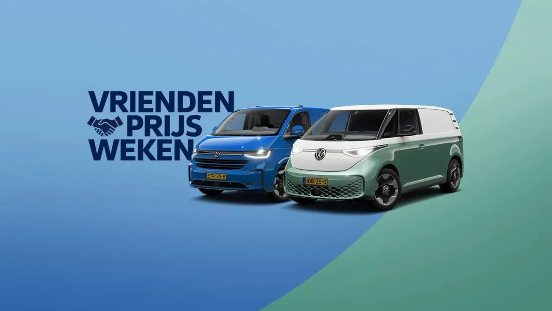 Volkswagen e-Transporter en ID. Buzz cargo naast elkaar bij het vriendenprijs weken logo